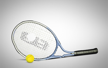 Tennis racket with a white towel and balls