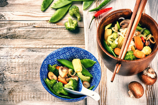Asian noodles with stir-fried vegetables. Food background