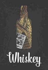 Whiskey bottle with glass, ice cubes, barrel, cigar. Color hand drawn sketch on vintage black background. Vector engraved illustration.