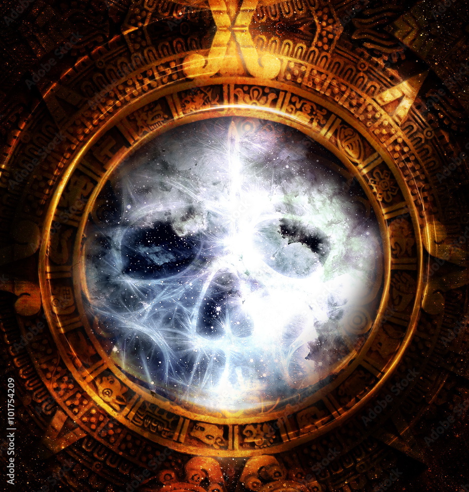 Poster Ancient Mayan Calendar and skull,  and fractal and ice effect. abstract color Background.