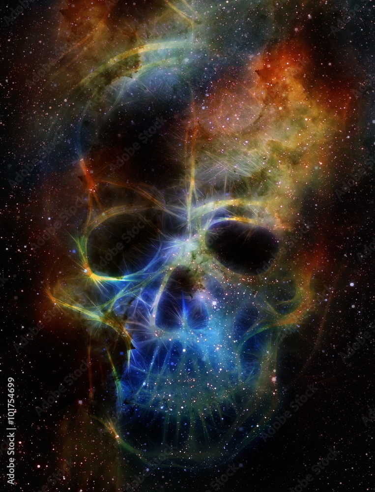 Poster skull and fractal effect. color space background, computer collage. elements of this image furnished