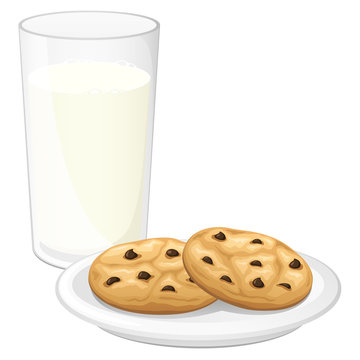 Vector illustration of a glass of milk and two chocolate chip cookies on a plate.
