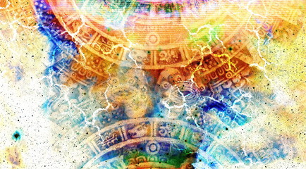 Ancient Mayan Calendar, Cosmic space and stars, abstract color Background, computer collage.