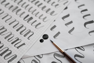 learning calligraphy - paper with example and brush and ink