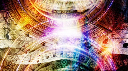 Fototapeta na wymiar Ancient Mayan Calendar and Music note, Cosmic space with stars, abstract color Background, computer collage.