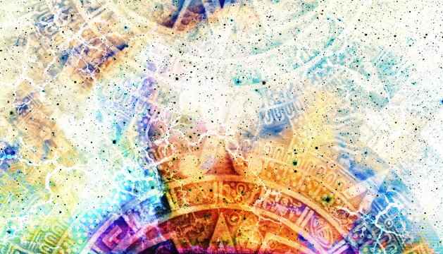 Ancient Mayan Calendar, abstract color Background, computer collage.