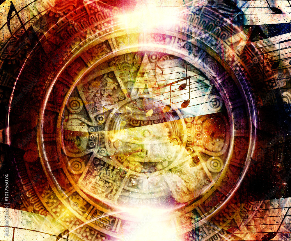 Poster ancient mayan calendar and music note, cosmic space with stars, abstract color background, computer 