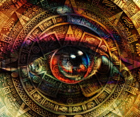 Fototapeta na wymiar Ancient Mayan Calendar and woman eye, abstract color Background, computer collage.