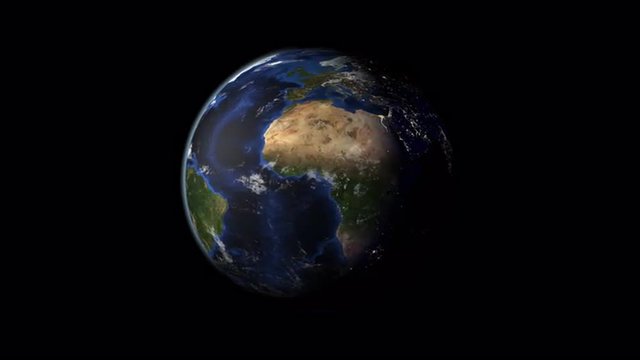 Realistic view of the whole earth on a black background. Third earth rotation, from Europe, Africa to the Americas.