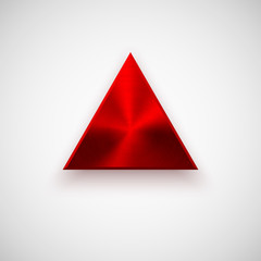 Obraz premium Red abstract technology triangle badge, blank button template with metal texture (chrome, silver, steel), realistic shadow and light background for web user interfaces, UI, applications, apps. Vector