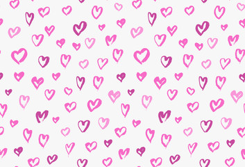 Seamless background pattern with hand drawn textured pink hearts