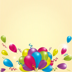 Colorful balloons and ribbons on golden background. Vector illustration.