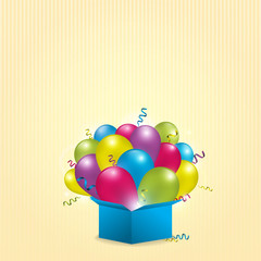 Colorful balloons and ribbons coming out of the box on golden background. Vector illustration.