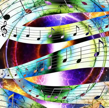 music note and silhouette music speaker and Space with stars. abstract color background. Music concept.