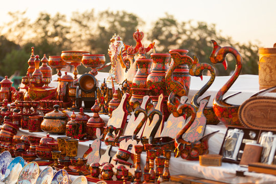 Colorful Russian Wooden Souvenirs At The Market