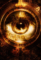 Ancient Mayan Calendar and woman eye,  abstract color Background, computer collage. Eye in circle light.