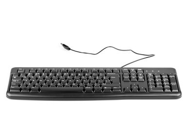 black keyboard with a cord on a white background