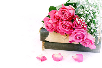 Love background in retro style vintage book rose Valentine's Day wedding Shabby Chic