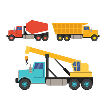set of construction equipment in the flat style. crane, truck and concrete mixer