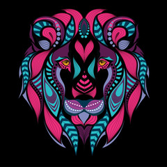 Patterned colored head of the lion. African / indian / totem / tattoo design. It may be used for design of a t-shirt, bag, postcard and poster.