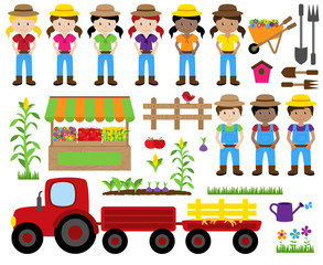 Cute Vector Collection of Farm Related Items and Farmers