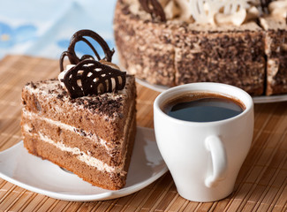 coffee ,a slice of cake on a plate