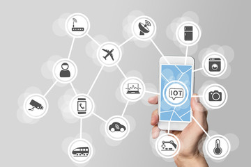 Internet of things (IOT) concept illustrated by modern smartphone managing connected objects