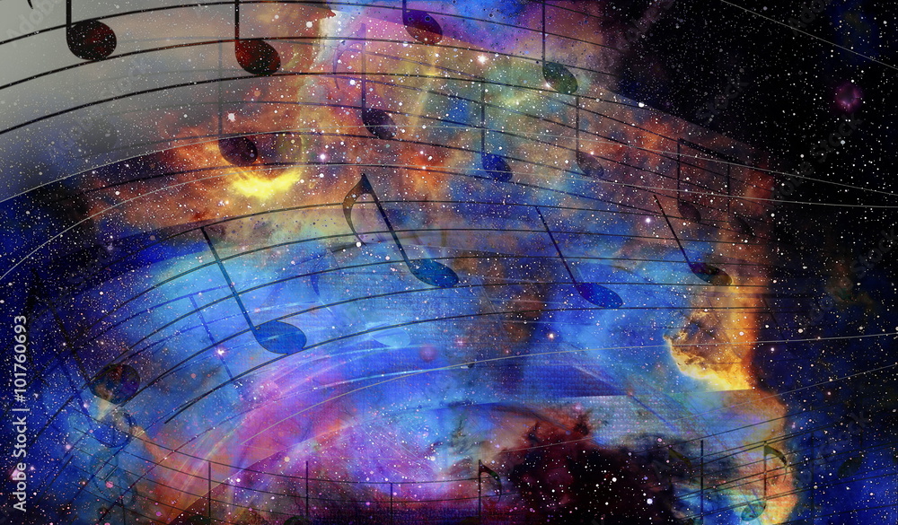 Poster music note and space and stars with abstrtact color background.