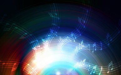 silhouette of music Audio Speaker and note, abstract background, Light Circle. Music concept.