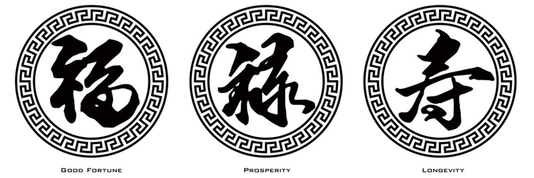 Chinese Text Calligraphy of Good Fortune Prosperity and Longevity Vector Illustration