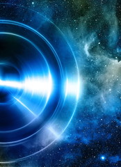 Audio music Speaker with color effect. Cosmic space and stars, cosmic abstract background. 