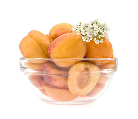 apricots with a flower it is lied a half  in a dish isolated