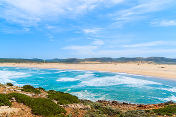 A view of beautiful Bordeira beach, famous surfing place in Algarve region, Portugal