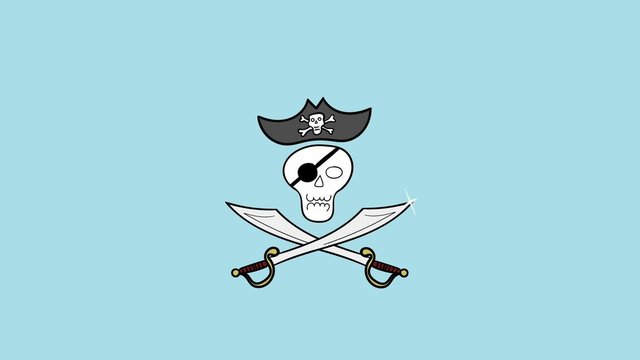 Reveal jolly roger with crossed swards. Pirate symbol, funny cartoon. Looping available, alpha matte included.