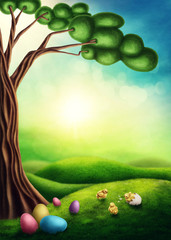 Naklejka premium Easter landscape with chicken