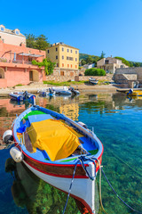 Fototapeta na wymiar Colourful fishing boat in Erbalunga port, Corsica island, France