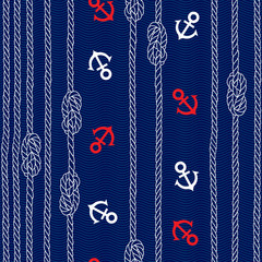 Seamless pattern with marine rope, knots and anchors on blue background.