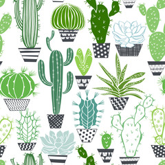 Seamless vector pattern with cactuses and succulents.