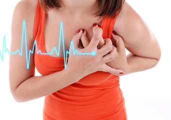 Fototapeta premium Woman having chest pain - heart attack.
