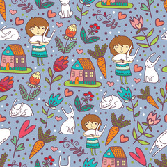 Girls Love Rabbits Cute Seamless Pattern