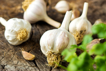 Organic garlic on wooden background