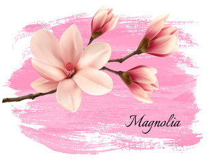 Obraz premium Pink paint magnolia branch banner. Vector.