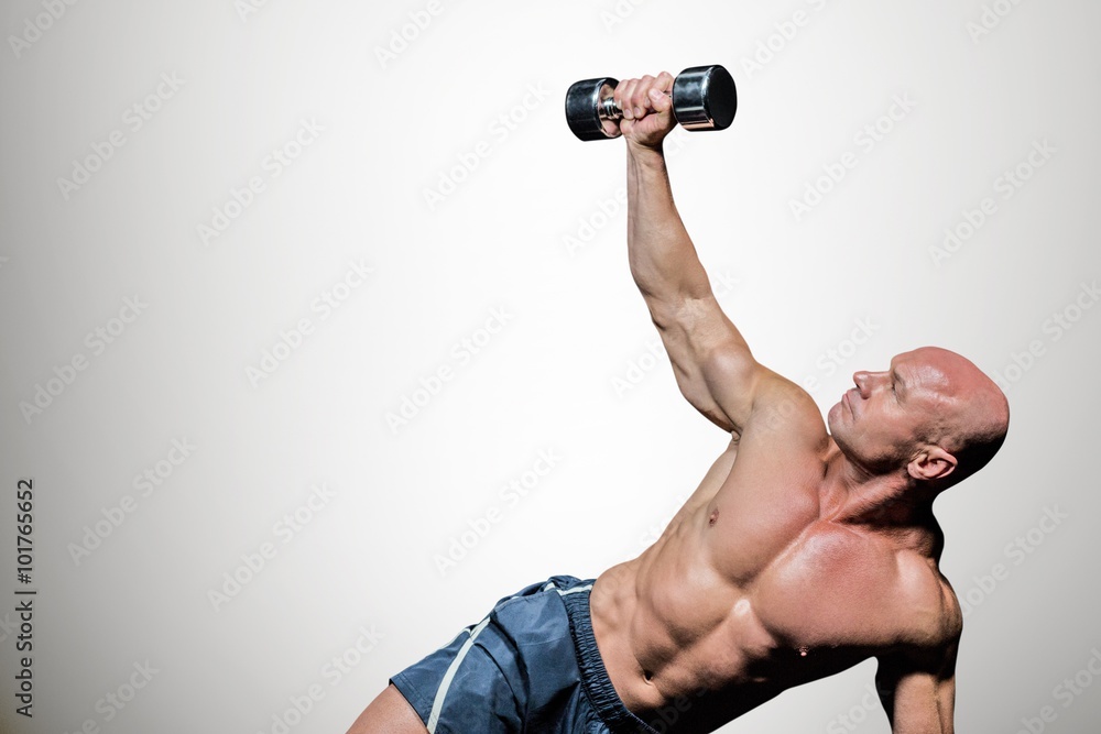 Poster composite image of man exercising with dumbbells
