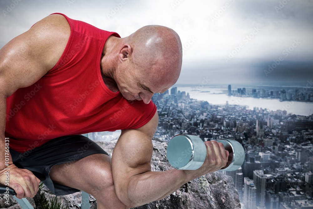 Poster composite image of bald man exercising with dumbbells