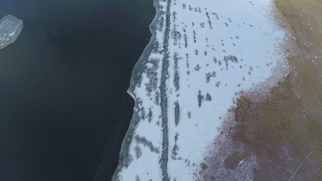 AERIAL, flight over frozen lake with flock of birds in rural countryside