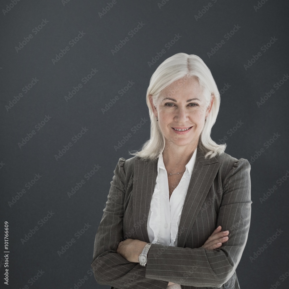 Sticker Composite image of portrait businesswoman with arms crossed