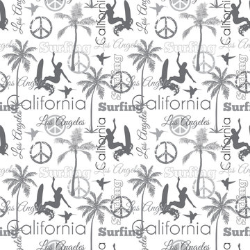 Vector Surfing California Gray Seamless Pattern Surface Design With Surfing Women, Palm Trees, Peace Signs, Surf Boards.