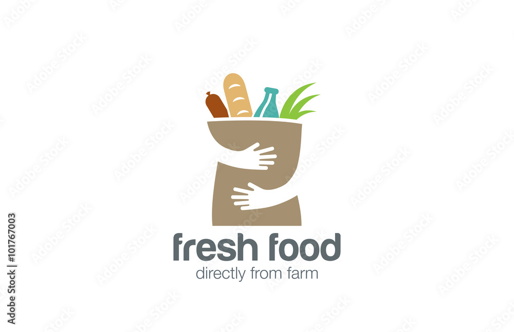 Wall mural Food Shopping Logo design. Hands Holding Bag negative space icon