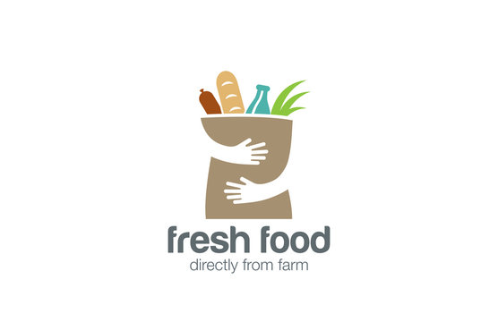 Food Shopping Logo design. Hands Holding Bag negative space icon