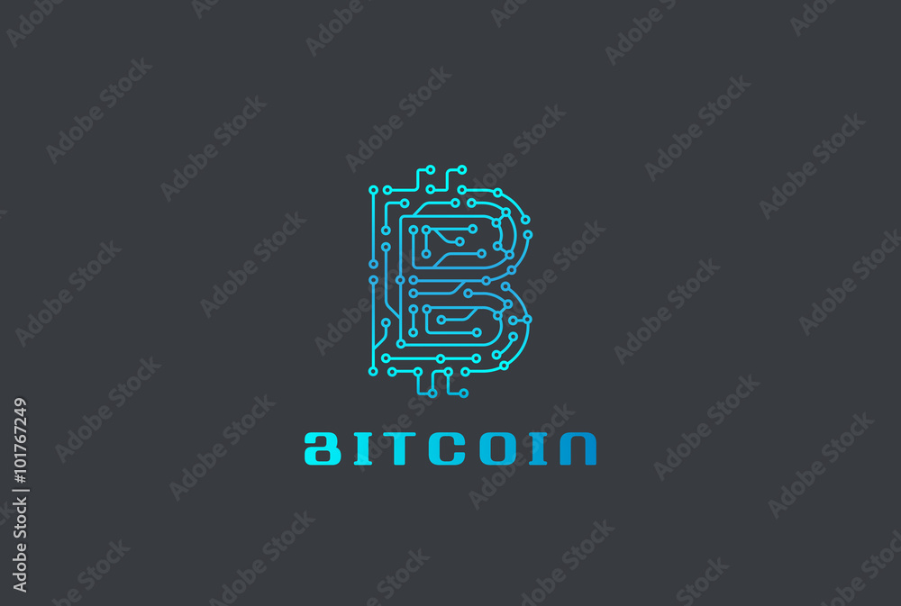 Poster digital chip bitcoin logo design vector. fintech blockchain icon